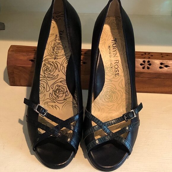 Women's Taryn Rose Black Leather Open Toe Vero Cuoio Italy Size 5 1/2 - Picture 2 of 14